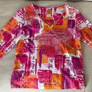 Ruby Rd. Pink and Orange Studded V-Neck Top